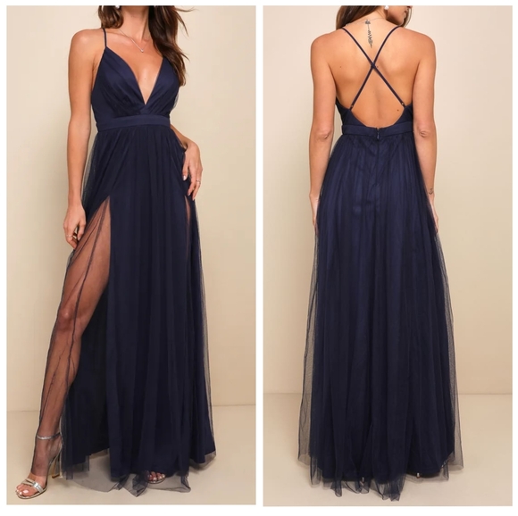 NWT Lulus Rare Beauty Navy Blue Tulle Backless Formal Maxi Dress, Plus Size 1X. - Picture 1 of 12